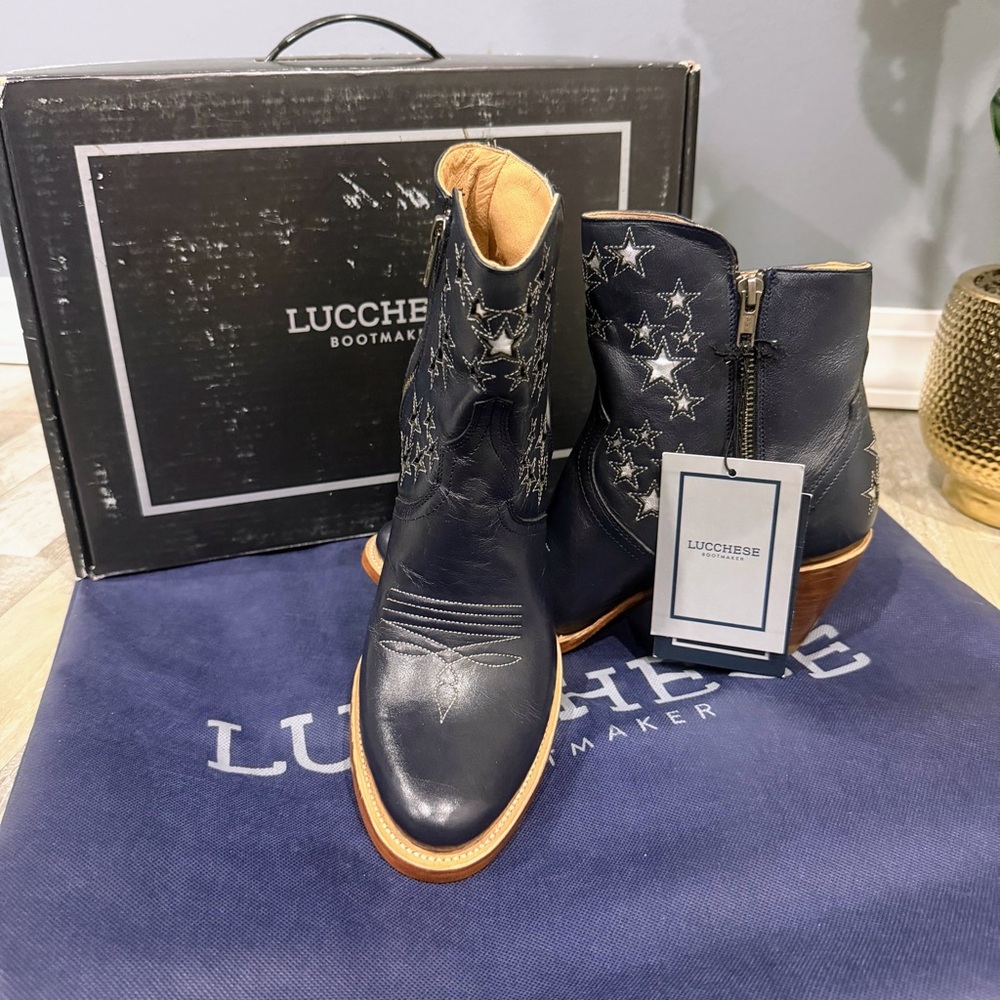 Lucchese Women's Blue Star Ankle Boots - NY Cow Zip Booties Lil Stars - Stardust - Picture 10 of 13